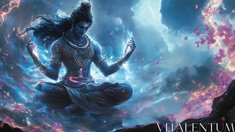 Divine blue deity in cosmic meditation under swirling petals.