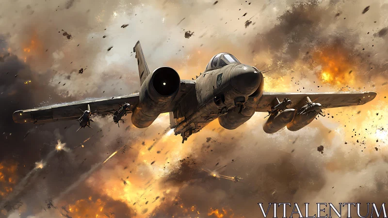 Attack jet advances through explosive cloudfield in dynamic view