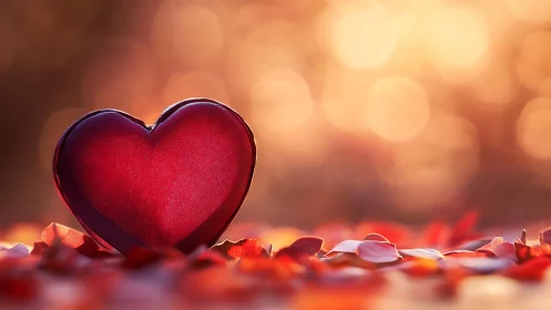 Ruby heart sculpture positioned centrally with bokeh illumination backdrop.