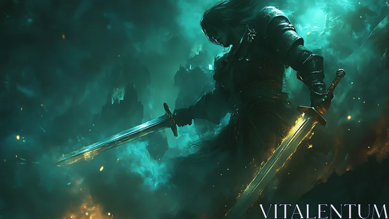 Warrior silhouette with twin swords in teal inferno glow.