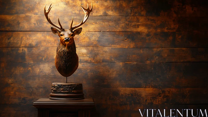 Stag bust sculpture glows against rustic burnt wood wall.