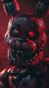 Blood-lit animatronic bunny stares with glitching hunger.