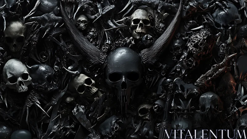 Dark skull ensemble wrapped in richly detailed shadows.