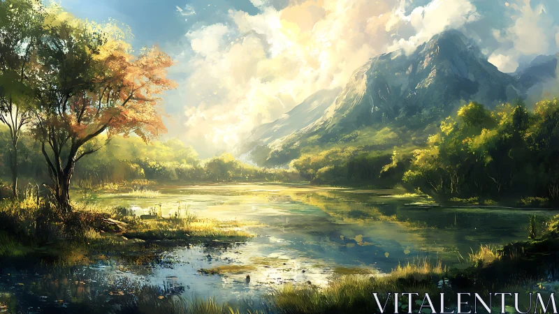 Luminous mountain lake under dramatic golden sky at dawn.