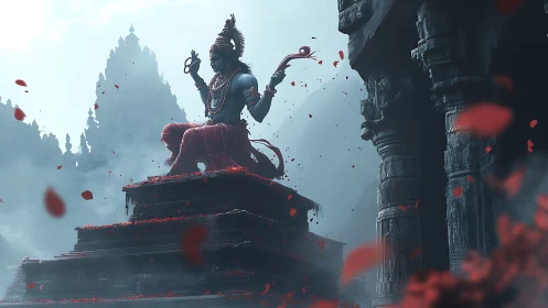 Divine blue statue on temple plinth in drifting red petals.