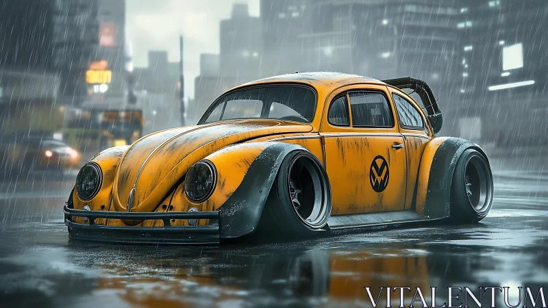 Retro yellow beetle cruising through a rain soaked city street.