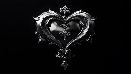 Ornate Silver Heart with Baroque Details on Black Background.