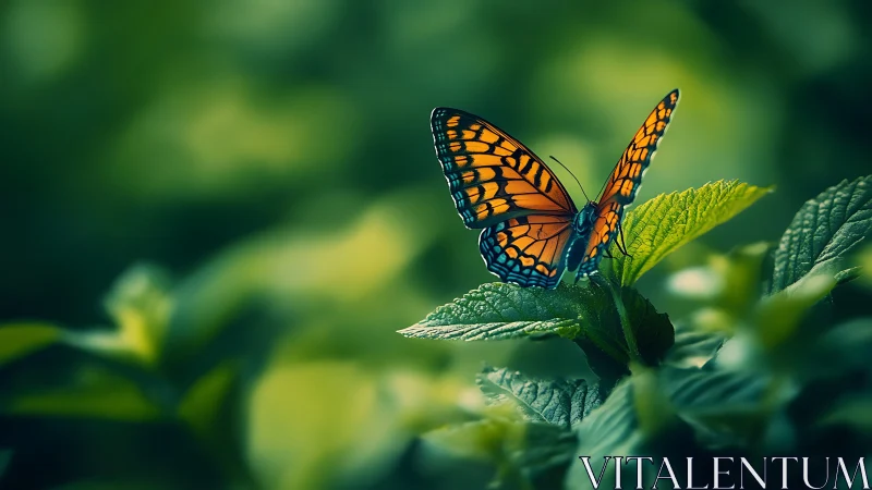 Macro study of orange butterfly on foliage with shallow depth of field