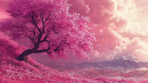 Blossom-swept dreamtree leaning over rosy cloud valleys.