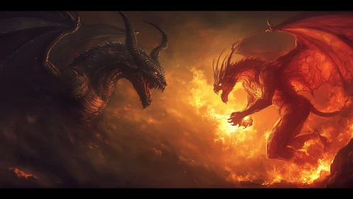 Opposed chromatic dragons locked in incandescent aerial combat.