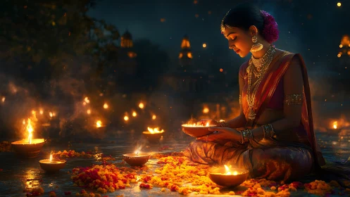 Woman in traditional attire lights Diwali oil lamps at night