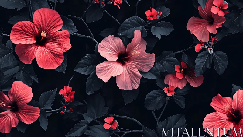 Red hibiscus flowers against dark foliage backdrop.
