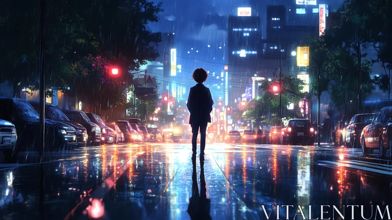 Backlit figure in neon drenched nocturnal rainscape corridor.