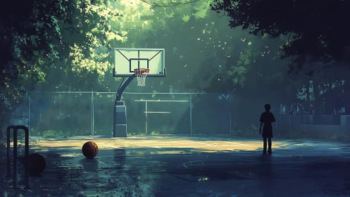 Solitary child on quiet outdoor basketball court at dusk.