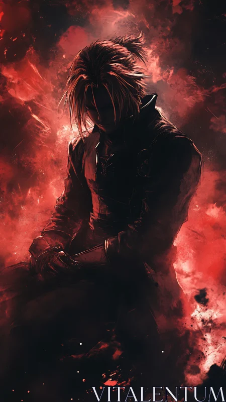 Solitary figure in red and black atmospheric digital scene.