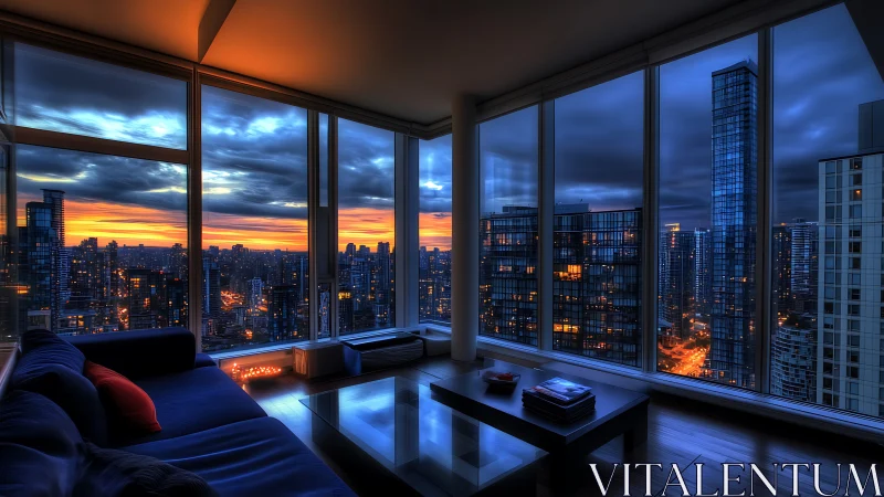 Modern high-rise living room overlooks dense city skyline
