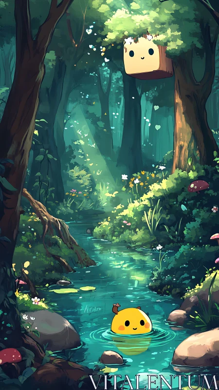 Cartoon characters in stylized forest with water stream.