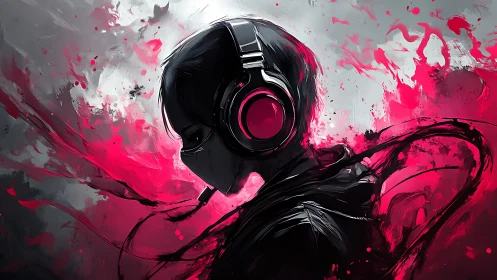 Headphoned figure in profile within abstract red field.