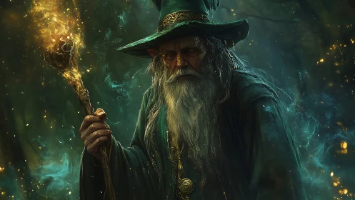 Bearded robed wizard holding flaming staff in dark forest.