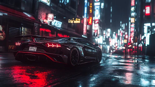 Rain-lacquered supercar under neon-saturated urban luminance.
