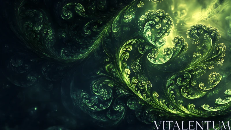 Emerald fractal garden swirling through bioluminescent dusk.