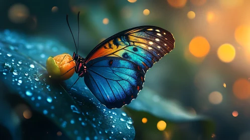 Glowing blue butterfly rests gently on dewy leaf at dusk