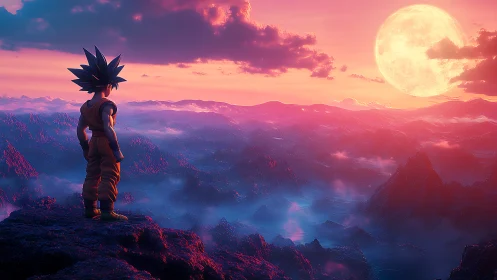 Spiky-haired warrior overlooks neon mist valley at sunset.