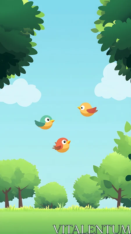 Cheerful cartoon birds glide above a bright summer forest