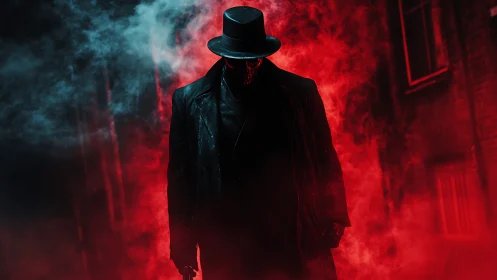 Crimson alley phantom in a black coat stalking through smoke.