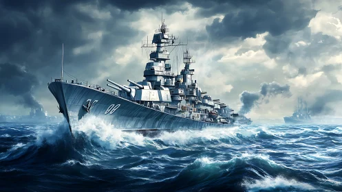 Naval battleship advancing on rough open sea under clouds.