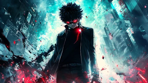 Cybernetic antihero with crimson energy core in ruined city