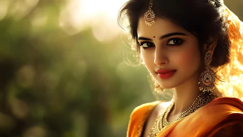 Portrait of woman in golden sari with ornate jewelry.