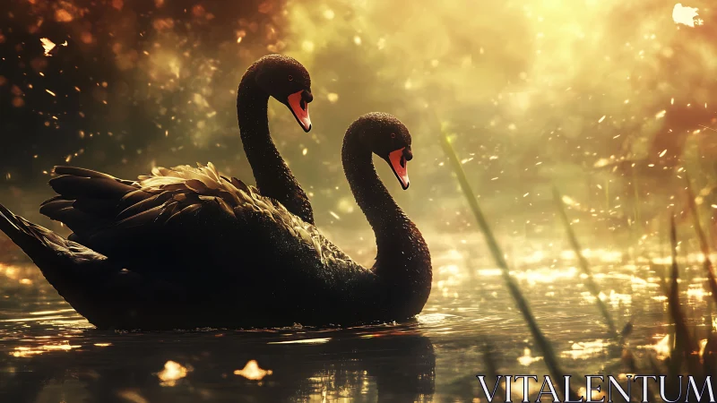 Black swans depicted in golden hour lighting with atmospheric effects.