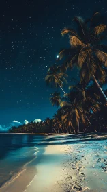 Tropical Beach Night with Palm Trees and Moonlight