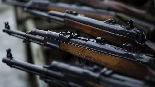 Collection of vintage rifles with wooden furniture and iron sights