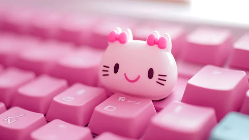 Cute pink cat keycap figurine on pastel keyboard.