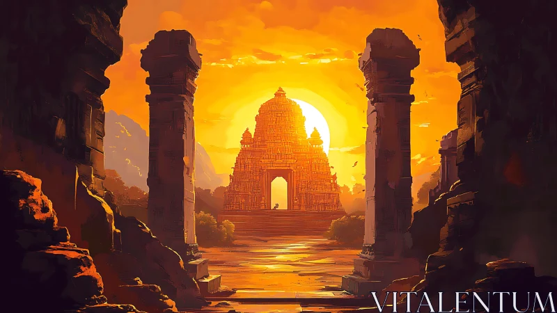 Sun-drenched temple gate crowned by blazing horizon light.