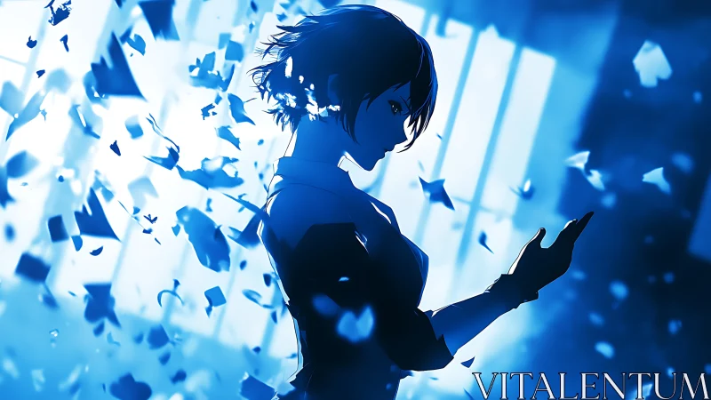Silhouetted heroine commands shards in luminous blue storm.