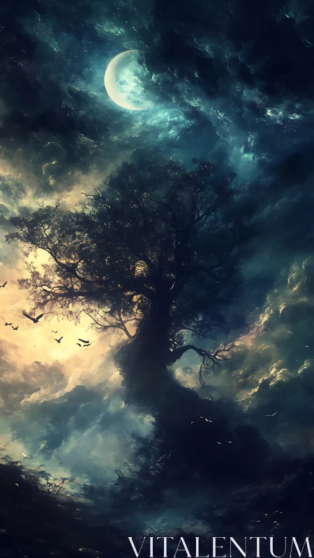 Ancient tree silhouette under stormy moonlit sky at dusk.