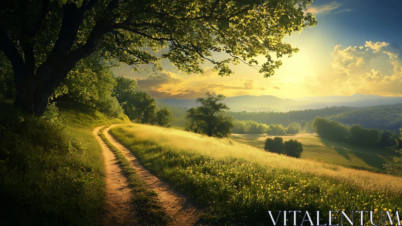 Sunlit country path drifting into hazy golden horizons.