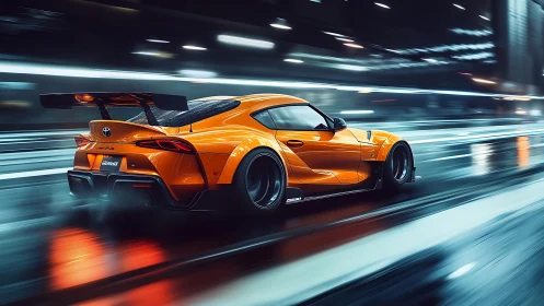 Orange sports car moves through wet city street at night