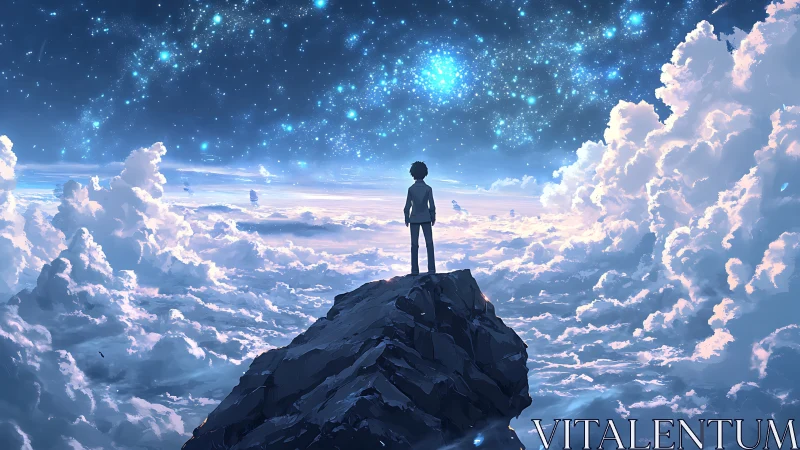 Solitary dreamer above the clouds beneath cosmic starscape.