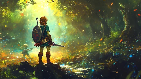 Sword-bearing figure in luminous forest clearing environment.