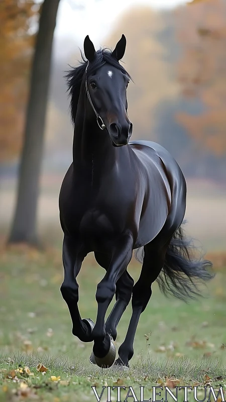 Midnight stallion charges through soft autumn haze with fire.