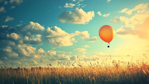 Solitary orange balloon drifting above sunlit prairie field
