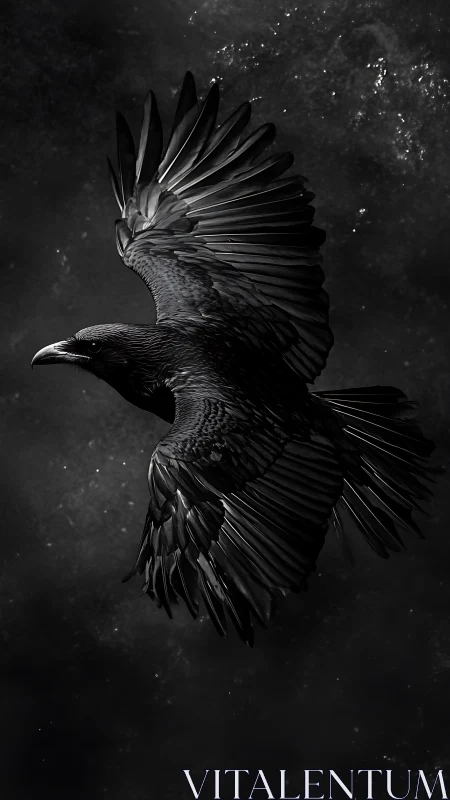 Midnight raven in dramatic monochrome flight study.