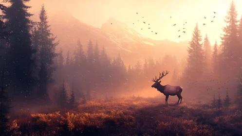Stag crowned by dawnfire in a mist-drenched mountain glade.