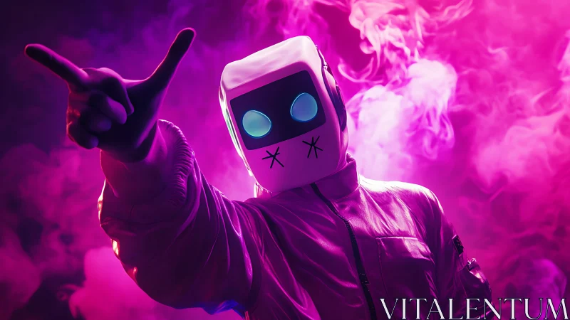 Neon-hooded robot DJ raises hand amid vivid pink smoke