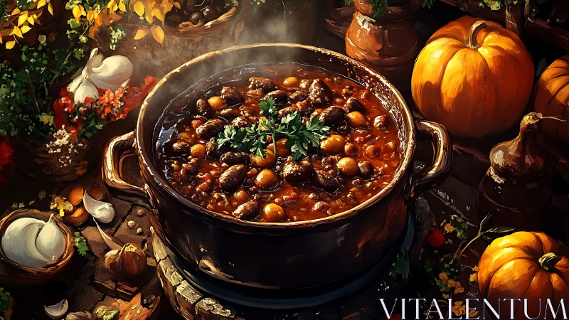 Harvest cauldron stew simmering in glowing autumn warmth.