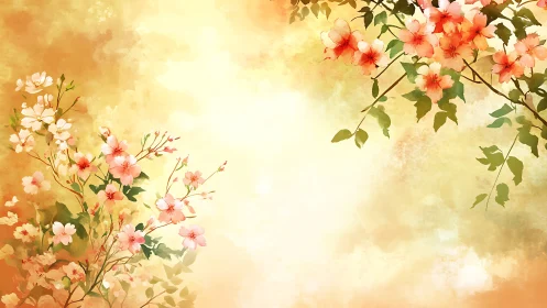 Floral Garden with Pink Blossoms on Golden Background